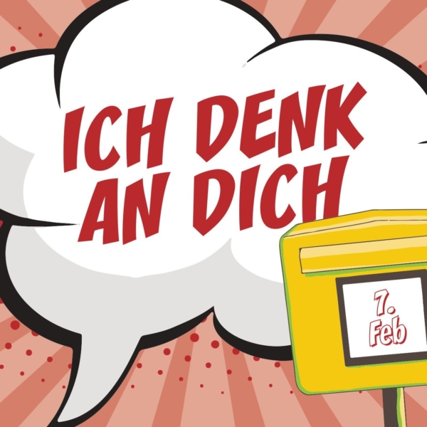 Pstkartenmotiv mit Sprechblase, in der steht "Ich denk an Dich".